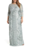 Js Collections Soutache Trim Mesh Column Gown In Seafoam