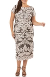 Js Collections Two Tone Soutache Embroidered Midi Dress In Oyster/ Black