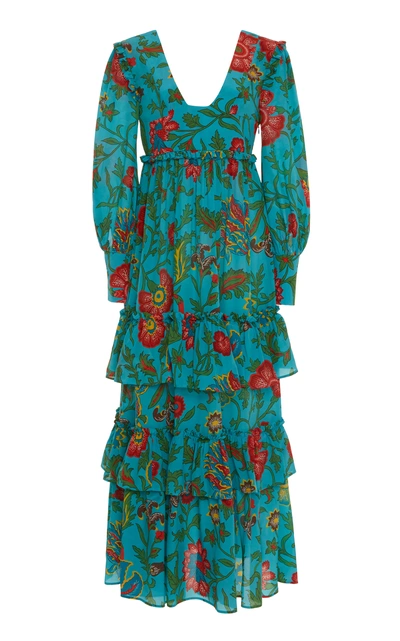 La Doublej Pleated Floral-print Voile Maxi Dress