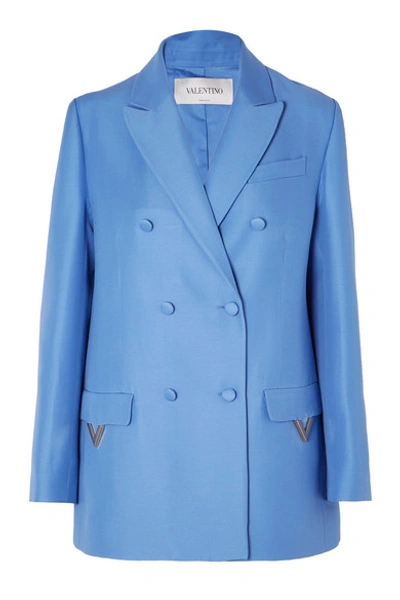 Valentino 大廓形双排扣羊毛真丝混纺西装式外套 In Blue