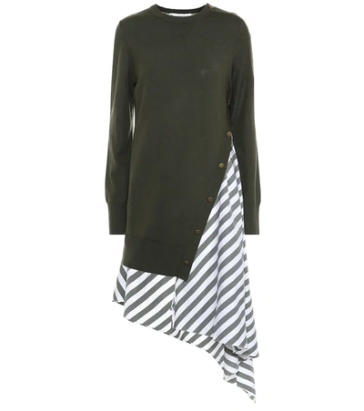 Monse Asymmetric Layered Wool And Striped Cotton-poplin Dress In Olive/ White