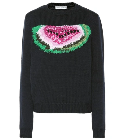 Jw Anderson Embroidered Watermelon Wool Sweater In Black