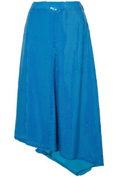 Msgm Woman Asymmetric Sequined Crepe Midi Skirt Cobalt Blue