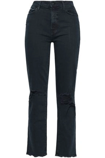 Mother The Rascal Distressed High-rise Straight-leg Jeans In Black