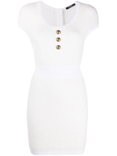 Balmain Buttoned Stretch Knit Mini Dress In White