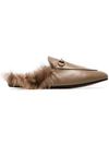 Gucci Beige Princetown Flat Leather And Shearling Slippers In Brown