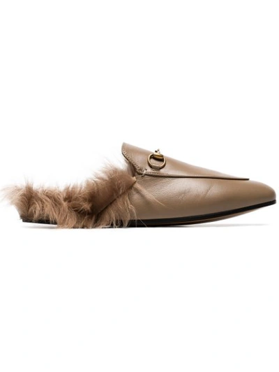 Gucci Beige Princetown Flat Leather And Shearling Slippers In Brown