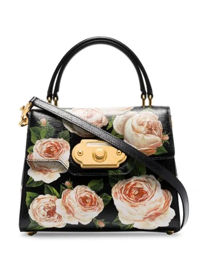 Dolce & Gabbana Black Welcome Rose Print Leather Shoulder Bag
