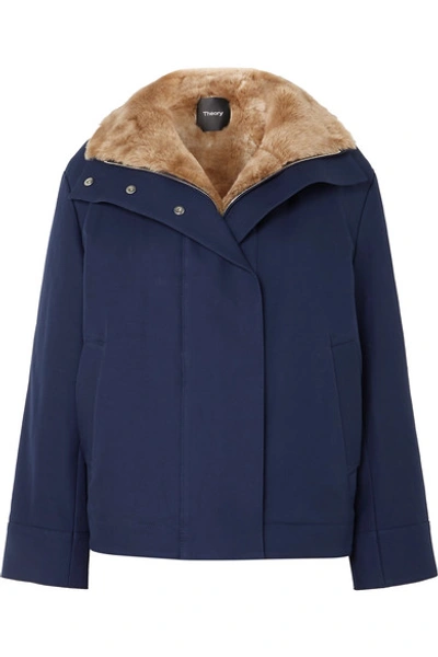 Theory Shearling-trimmed Cotton-twill Coat In Navy