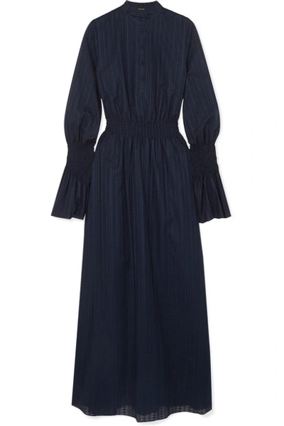 Adam Lippes Shirred Cotton-voile Jacquard Maxi Dress In Navy