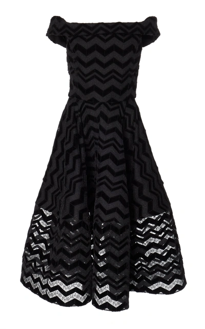 Christian Siriano Zig Zag Burnout Velvet Off The Shoulder Dress In Black