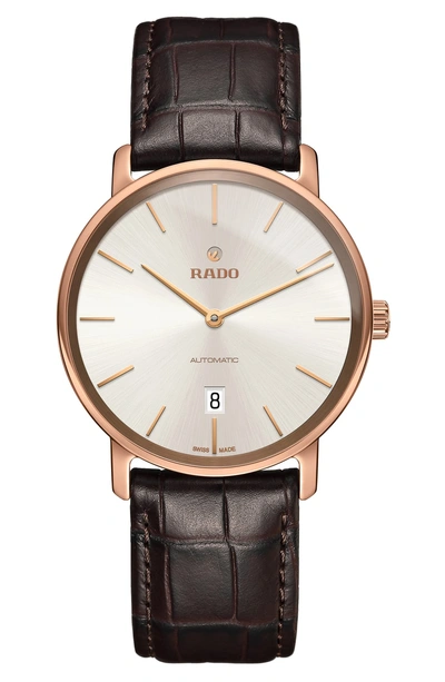 Rado Diamaster Automatic Leather Strap Watch, 41mm In Brown/ White/ Rose Gold