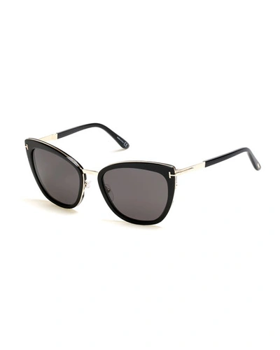 Tom Ford Simona Cat-eye Metal & Acetate Sunglasses In Shiny Black/smoke