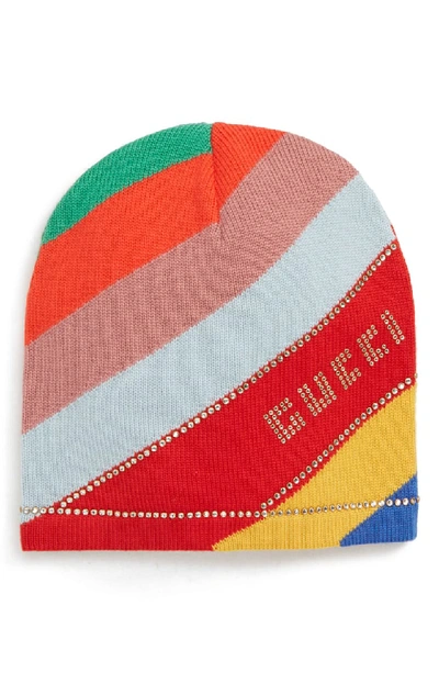 Gucci Multi-stripe Wool Beanie Hat W/ Crystal Logo In Multicolor