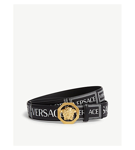 Versace Medusa Leather Belt In Black White Gold | ModeSens