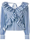 Msgm Striped Ruffled Blouse In Blue