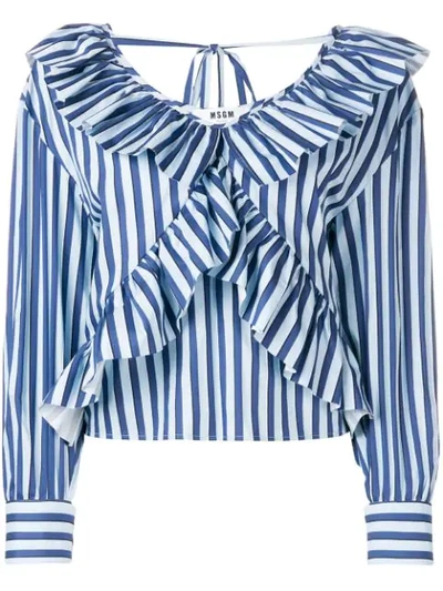 Msgm Striped Ruffled Blouse In Blue