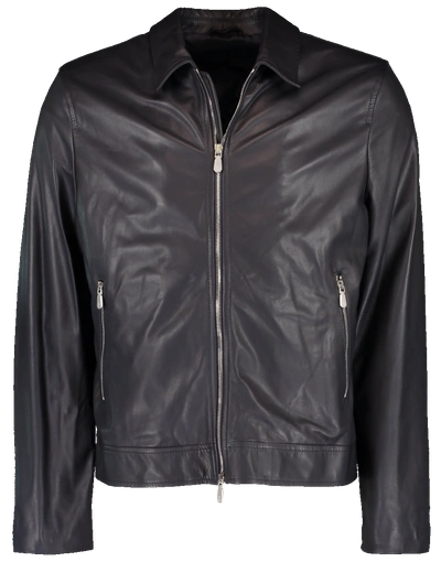 Eleventy Zip Front Leather Jacket In Navy