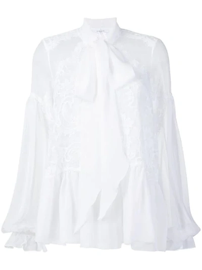 Givenchy Long-sleeve Flounce-hem Sheer Silk Georgette Blouse W/ Lace In White