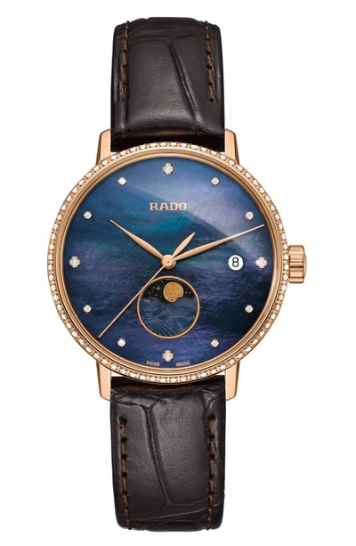 Rado Coupole Classic Leather Strap Watch, 34mm In Brown/ Blue Mop/ Rose Gold