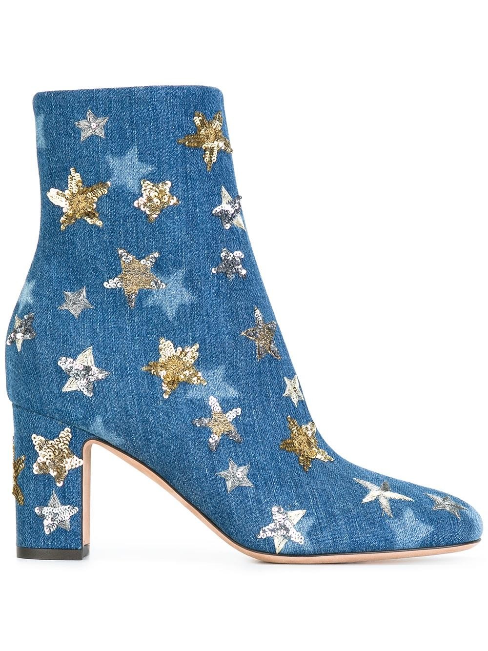 Valentino Garavani Star Embroidered Denim Ankle Boots | ModeSens