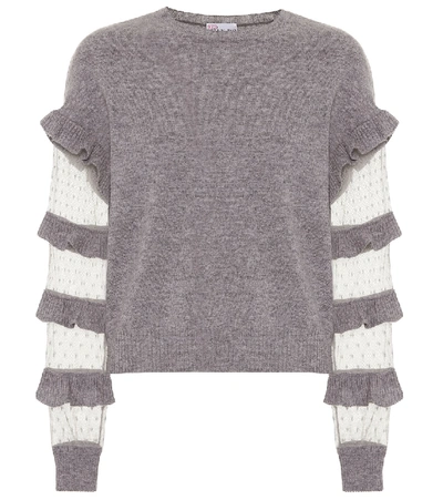 Red Valentino Ruffle Point D'esprit Panel Wool Sweater In Grey