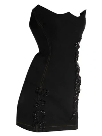 Versace Embellished Logo Mini Denim Bodycon Dress In Denim Black