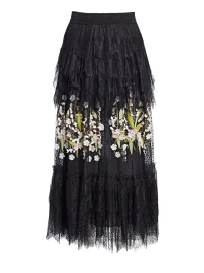 Amen Embroidered Floral Lace Midi Skirt In Black