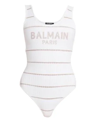 Balmain Metallic Stripe Logo Bodysuit In Light Pink