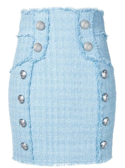 Balmain High Waist Cotton Blend Tweed Mini Skirt In Light Blue