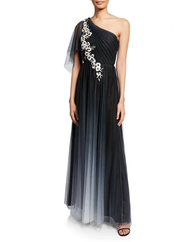 Marchesa Notte Ombre One-shoulder Flutter-sleeve Tulle Gown W/ Floral-embroidered Appliques In Black