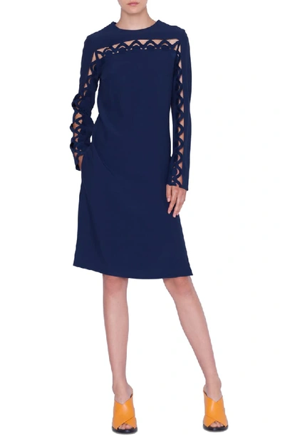 Akris Punto Scalloped-wave Inset Long-sleeve Dress In Blue Scuro