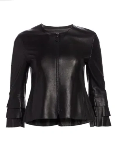 Akris Punto Ruffle Sleeve Perforated Leather Jacket In Black