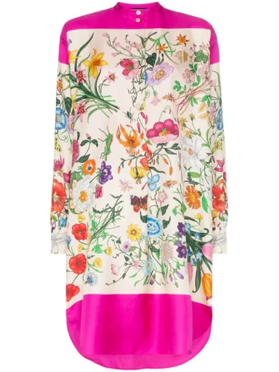 Gucci Multicoloured Floral Print Silk Shirt Dress In Neutrals