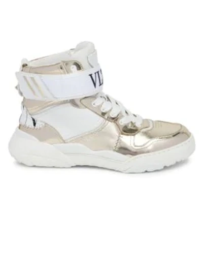 Valentino Garavani Men's High-top Leather Sneakers W/ Grip-strap Ankle In Platino Bianco