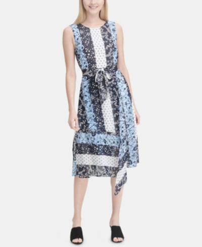 Calvin Klein Printed Faux-wrap Dress In Patchwork Combo