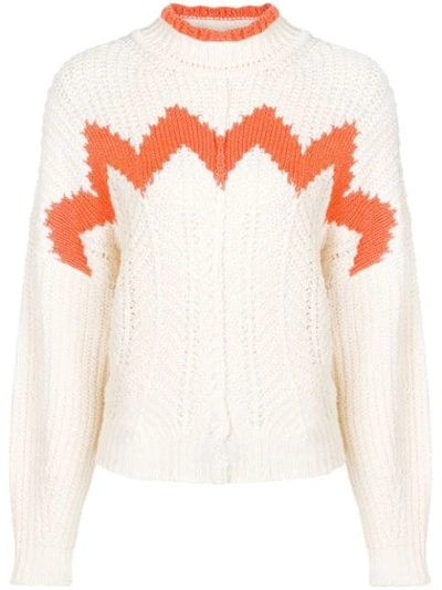 Isabel Marant Bell Intarsia Paneled Open-knit Cotton-blend Turtleneck Sweater In Off-white