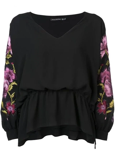 Josie Natori V-neck Poet-sleeve Blouse W/ Drawstring Sides & Embroidery In Black