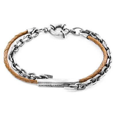 Anchor & Crew Light Brown Belfast Silver And Braided Leather Bracelet