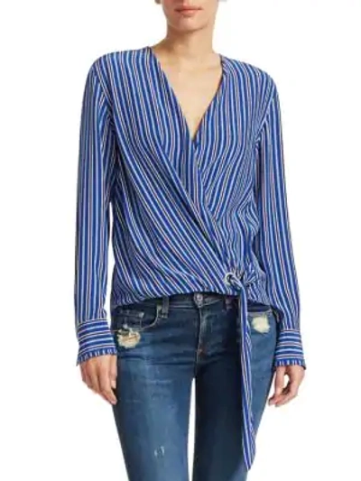 Rag & Bone Felix Pinstripe Silk Tied Blouse In Blue Multi