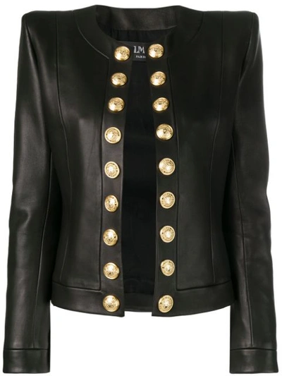 Balmain Button-embellished Collarless Leather Blazer In Opa Black