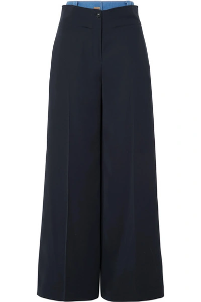 Adeam Layered Denim-trimmed Crepe Wide-leg Pants In Navy
