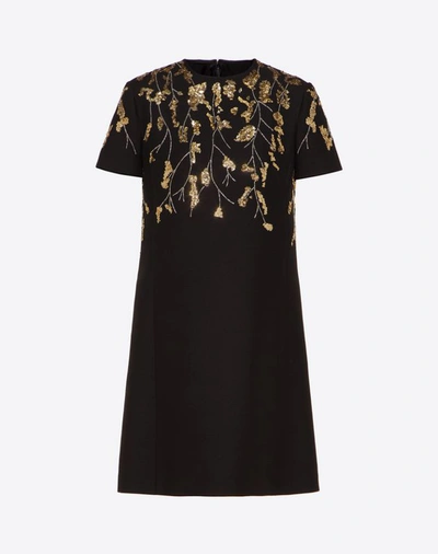 Valentino Floral Embroidered Crepe Couture Dress In Black