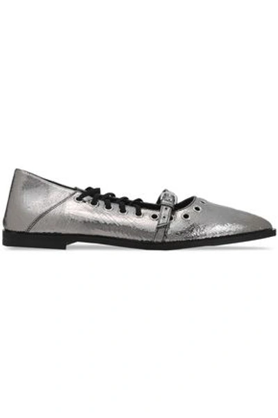 Mcq By Alexander Mcqueen Mcq Alexander Mcqueen Woman Embellished Metallic Cracked-leather Point-toe Flats Silver