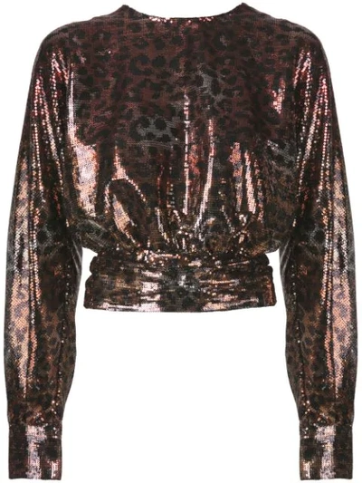 Msgm Leopard-print Sequinned Open-back Blouse In Brown