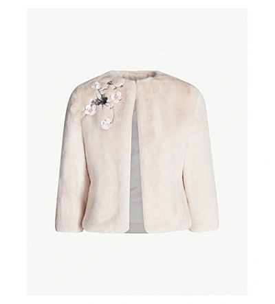 Ted Baker Kaatya Embellished Faux-fur Jacket In Nude Pink