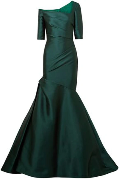 Monique Lhuillier Woman One-shoulder Ruched Duchesse-satin Gown Emerald