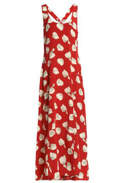 Theory Fluted Printed Silk Crepe De Chine Maxi Dress In Crimson