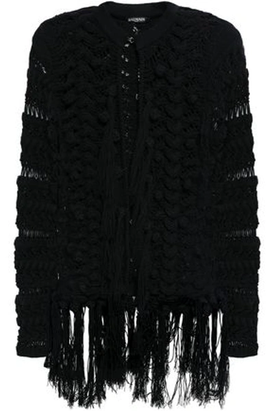 Balmain Woman Fringed Crochet-knit Cotton-blend Jacket Black