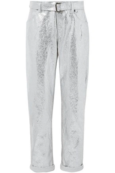 Tom Ford Woman Metallic Crinkled Cotton And Linen-blend Tapered Pants Silver